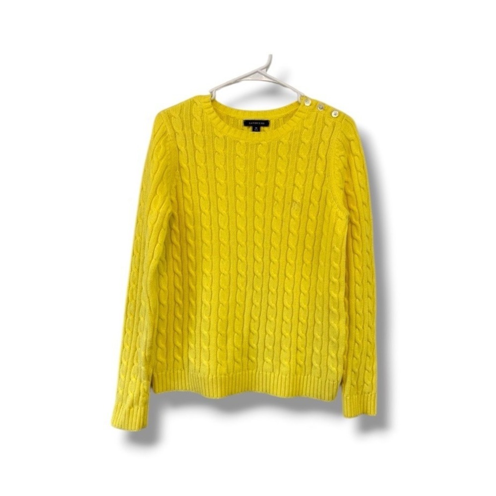Lands End Women's Drifter Cable Knit Yellow Cotton Crew Neck Sweater Size Medium